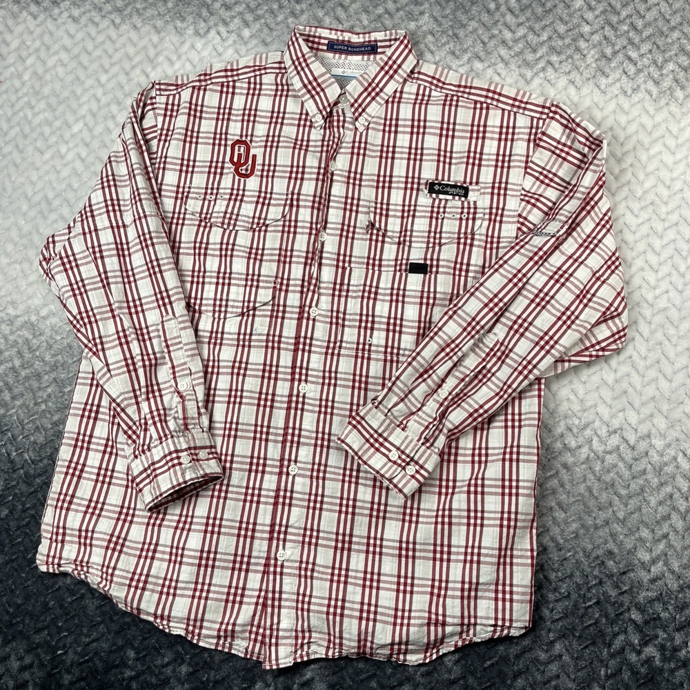 Columbia PFG Super Bonehead Shirt Mens M White Plaid Vented Fishing Oklahoma OU
